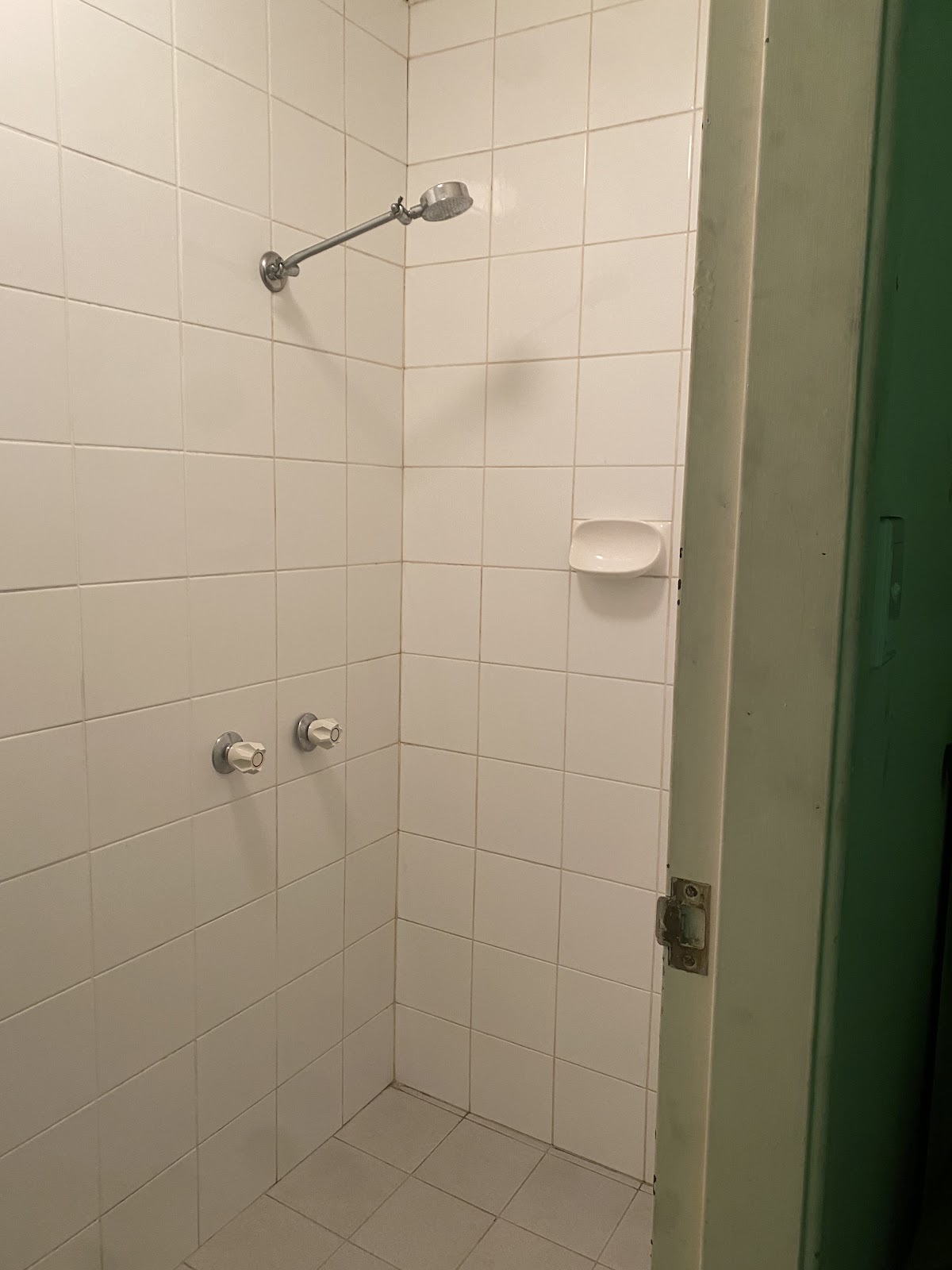 After: the same shower with clean white tiles